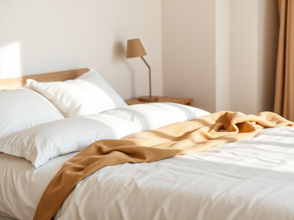 Dettaglio di un letto preparato con biancheria di qualità, esempio di comfort reale negli standard Elevra