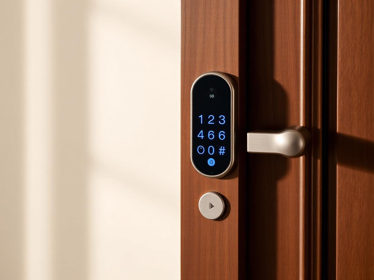 Serratura smart installata su una porta d'ingresso, esempio di accessi digitali negli standard Elevra